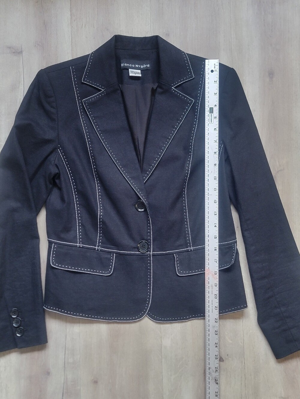 Bianca Nygard Black Linen Blend Blazer Contrast Stitch Tailored Officecore